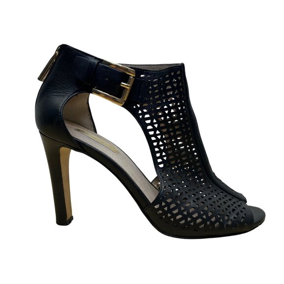 Louise Et Cie Womens Black Leather Adjustable Buckle Peep-Toe Heels Size 7.5B - Picture 1 of 10